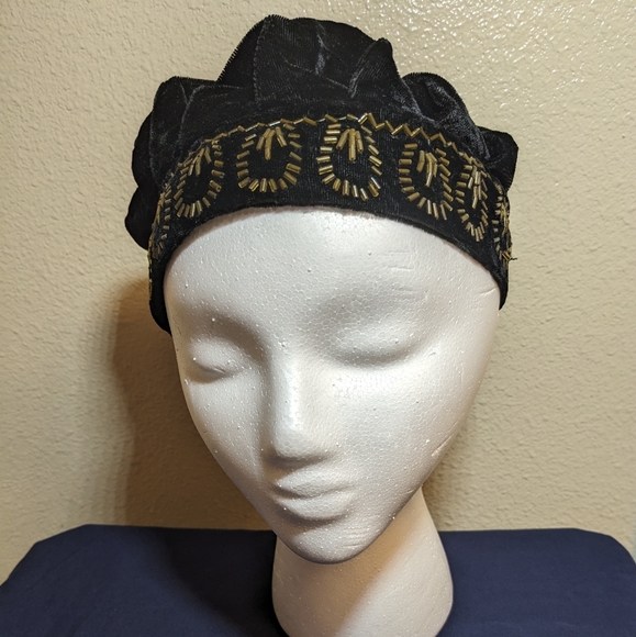 Vintage Velvety Renaissance Muffin Hat with Gold Beaded Accents - Picture 1 of 8